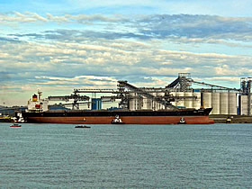 Photo of a transoceanic ship at the EGT Grain Terminal in Longview, Washington