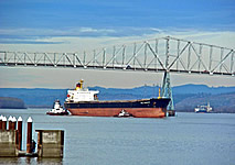A photo of a transoceanic ship passing under the Longview bridge.
